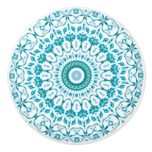 Turquoise Blue Floral Mandala Ceramic Knob