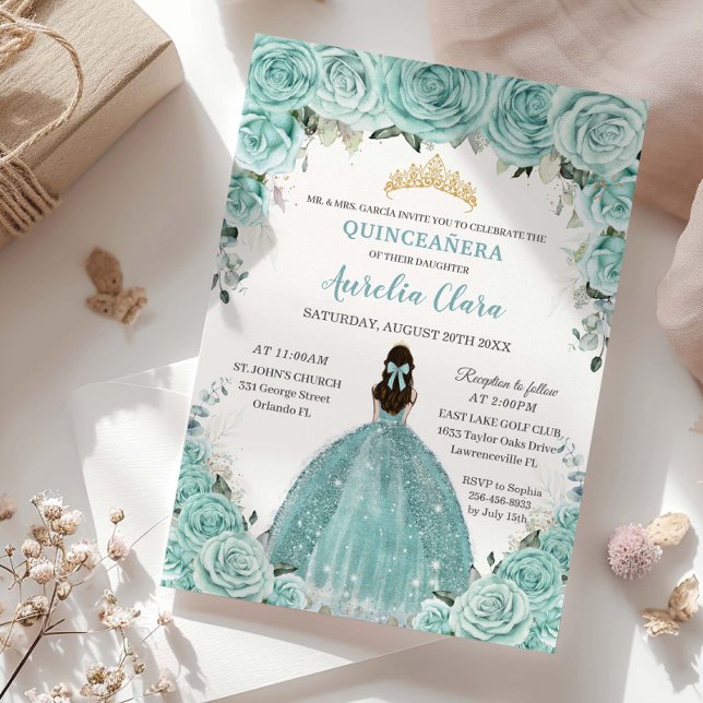 Turquoise Blue Floral Princess Gold Quinceañera Invitation (Soft Turquoise Blue Roses gold quinceanera xv sweet 15 16 birthday invitation printed card template )