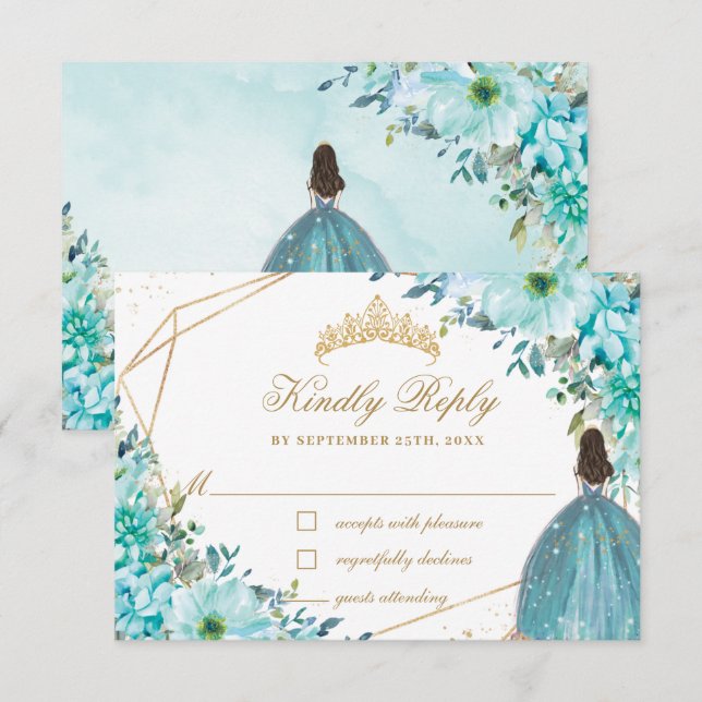 Turquoise Blue Floral Quinceañera Gold Princess RSVP Card (Front/Back)