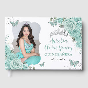 Turquoise Blue Floral Silver Quinceanera 16 Photo Guest Book