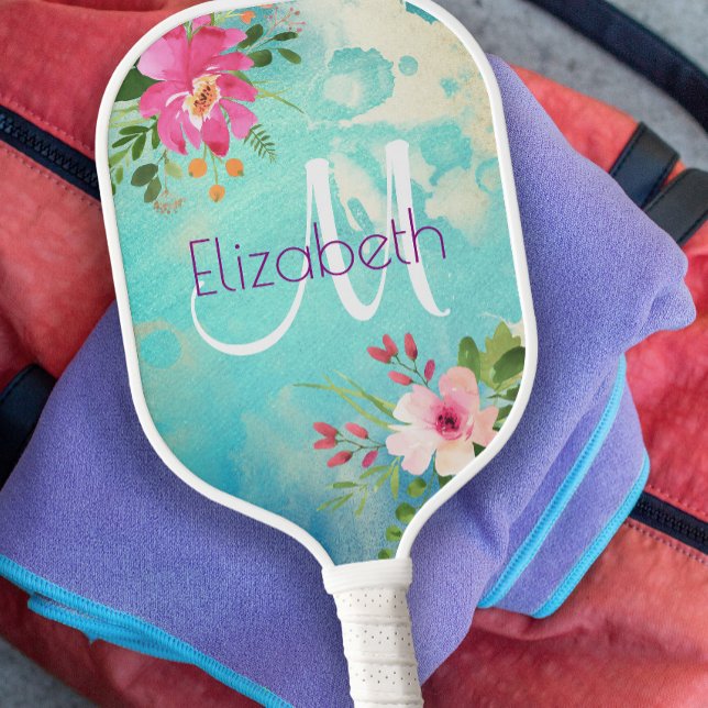 Turquoise Blue Floral Watercolor Modern Monogram Pickleball Paddle (Creator Uploaded)