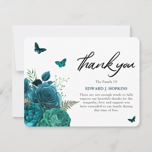 Turquoise Blue Flowers and Butterflies Funeral Thank You Card (Front)
