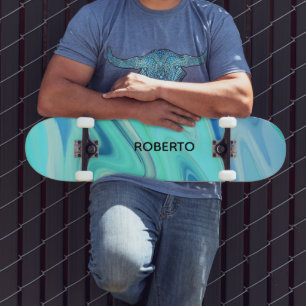 Turquoise & Blue Flowing Stripes Skate Deck 