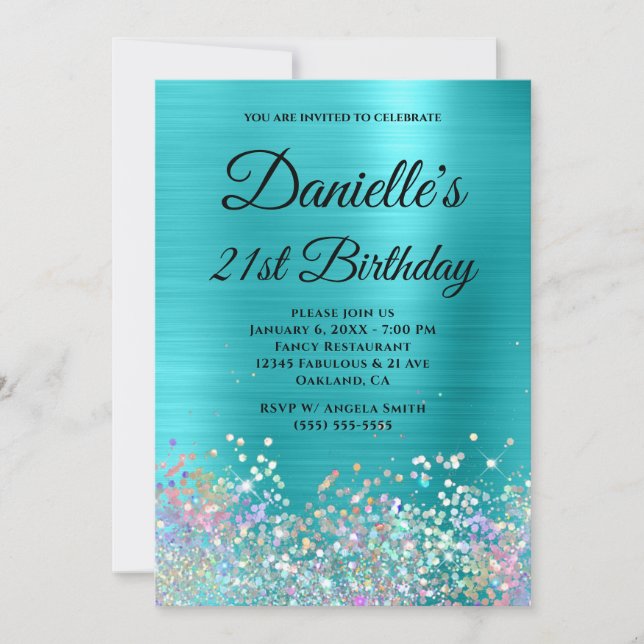 Turquoise Blue Foil Holo Glitter Fancy Monogram Invitation (Front)