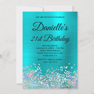 Turquoise Blue Foil Holo Glitter Fancy Monogram Invitation