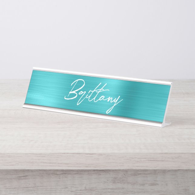 Turquoise Blue Foil Modern Brush Script First Name Desk Name Plate (Front)