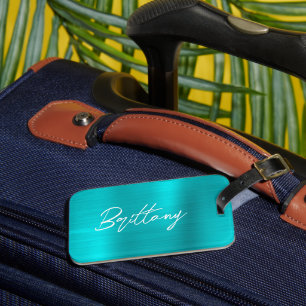 Turquoise Blue Foil Modern Brush Script First Name Luggage Tag
