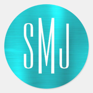 Turquoise Blue Foil Three Letter Monogram Classic Round Sticker
