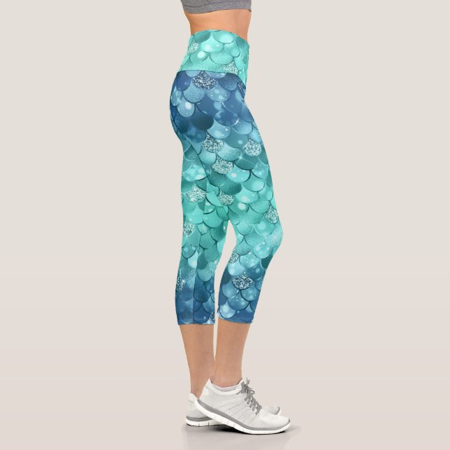 Turquoise Blue Girly Mermaid Glitter Scale Pattern Capri Leggings (Right)