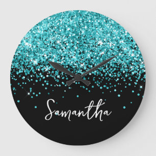 Turquoise Blue Glitter Black Script Name Large Clock