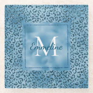 Turquoise Blue Glitter Leopard Print Monogram     Glass Coaster