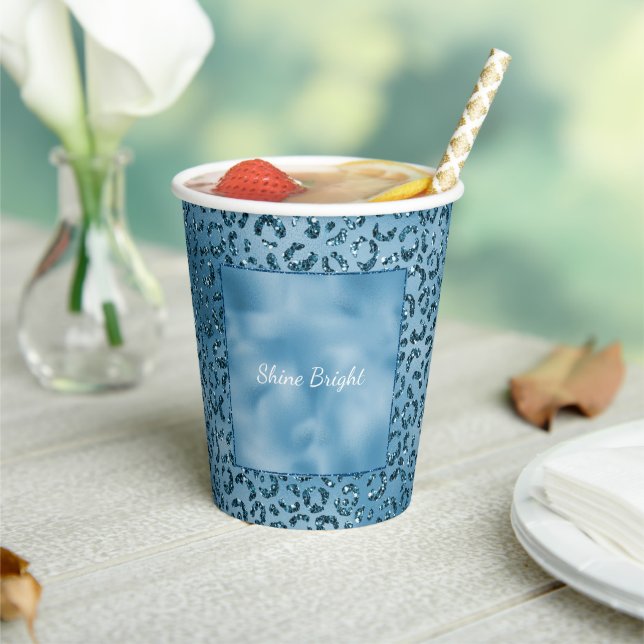 Turquoise Blue Glitter Leopard Print   Paper Cups (Insitu)
