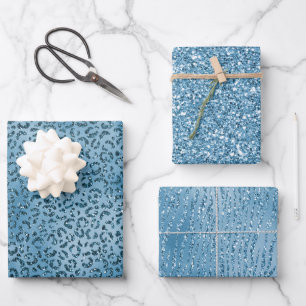 Turquoise Blue Glitter Leopard Print      Wrapping Paper Sheet
