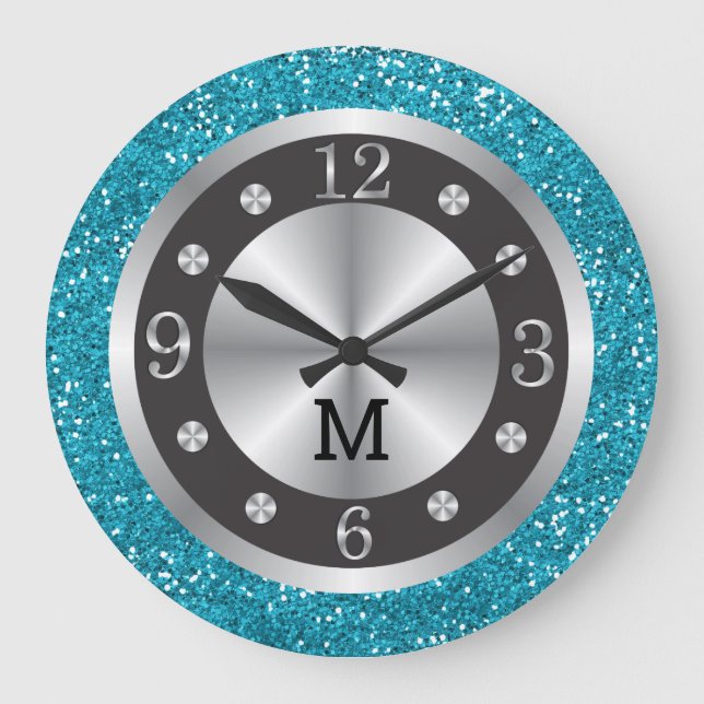 Turquoise Blue Glitter Silver And Black Monogram  Large Clock (Front)