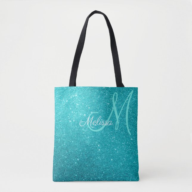 Turquoise Blue Glitter & Sparkles Monogrammed Tote Bag (Front)