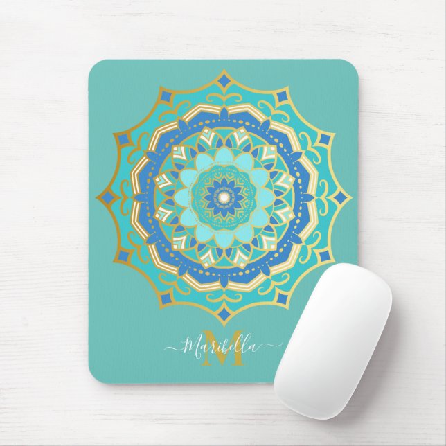 Turquoise Blue Gold Boho Mandala Mouse Pad (With Mouse)