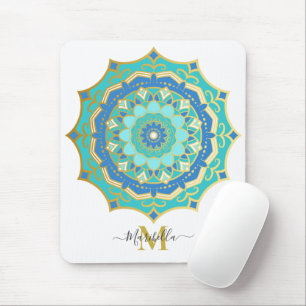 Turquoise Blue Gold Boho Mandala Mouse Pad