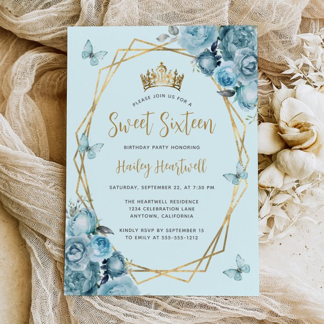 Turquoise Blue Gold Geometric Floral Sweet 16 Invitation (Creator Uploaded)