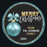 Turquoise Blue Gold Glitter Merry Christmas Classic Round Sticker<br><div class="desc">Custom modern Merry Christmas in turquoise blue and gold and black colours.  Light blue ornament.   Personalise them by adding your name and year.  Perfect for greeting cards,  envelopes,  gifts... .</div>