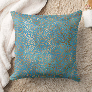 Turquoise Blue Gold Leopard print Cushion