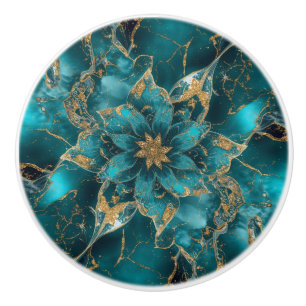 Turquoise Blue Gold Marble flower Dream Abstract Ceramic Knob