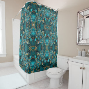 Turquoise Blue Gold Marble flower Dream Abstract Shower Curtain
