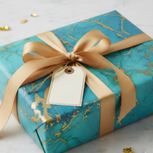 Turquoise Blue Gold Metallic Marble Stone Wrapping Paper