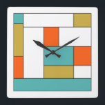 Turquoise Blue Gold Orange Colour Block Mid Mod Square Wall Clock<br><div class="desc">This fabulous mid-century modern clock features rectangular colour blocks in aqua blue,  gold,  orange,  white,  and black. Add some fun to your wall!</div>