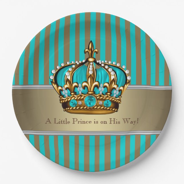 Turquoise Blue Gold Prince Baby Shower Paper Plate (Front)