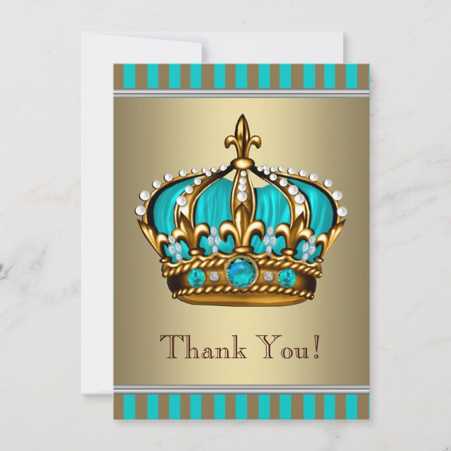 Turquoise Blue Gold Prince Baby Shower Thank You (Front)