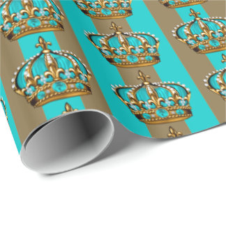 Turquoise Blue Gold Prince Crown Wrapping Paper