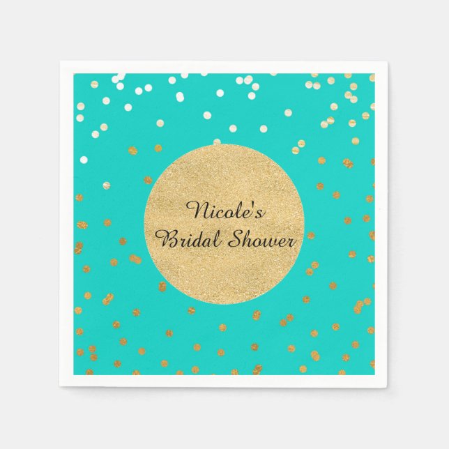 Turquoise Blue & Gold Shiny Confetti Dots Modern Napkin (Front)
