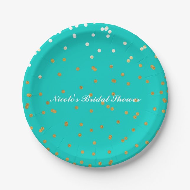 Turquoise Blue & Gold Shiny Confetti Dots Modern Paper Plate (Front)