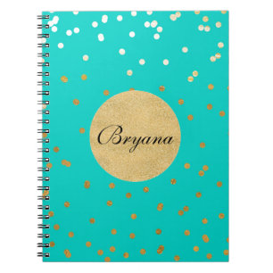 Turquoise Blue & Gold Shiny Confetti Dots Modern Spiral Notebook