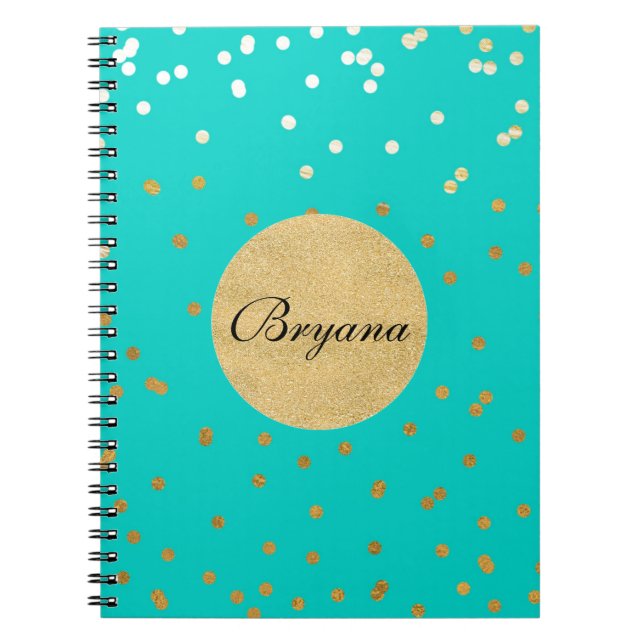 Turquoise Blue & Gold Shiny Confetti Dots Modern Spiral Notebook (Front)
