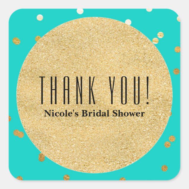 Turquoise Blue & Gold Shiny Confetti Dots Modern Square Sticker (Front)