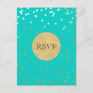 Turquoise Blue & Gold Shiny Confetti Dots RSVP Invitation Postcard