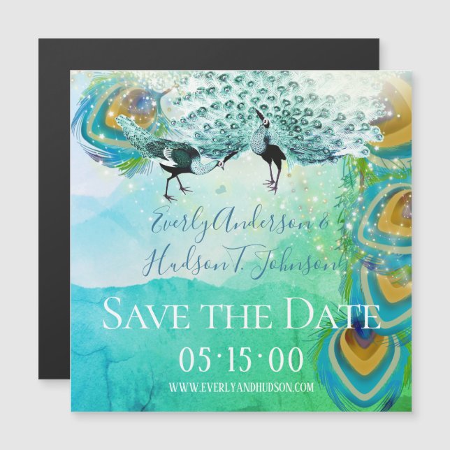 Turquoise Blue Green and Copper Peacock Feather Magnetic Invitation (Front/Back)