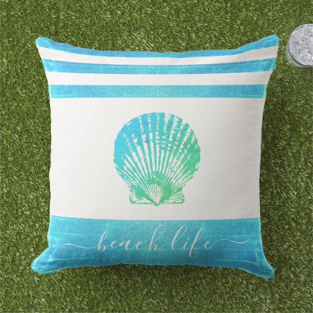 Turquoise blue green beach life script seashell cushion (Grass)
