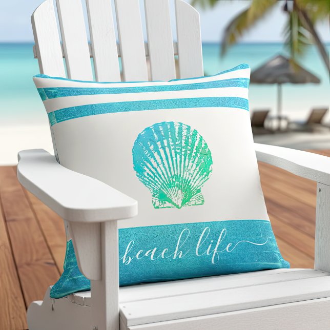 Turquoise blue green beach life script seashell cushion (Creator Uploaded)