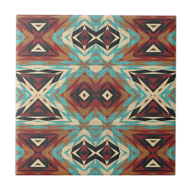 Turquoise Blue Green Brown Orange Ethnic Tribe Art Tile (Front)
