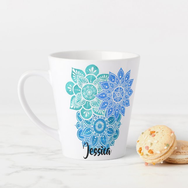 Turquoise Blue Green Colorful Floral Mandalas Latte Mug (In Situ)
