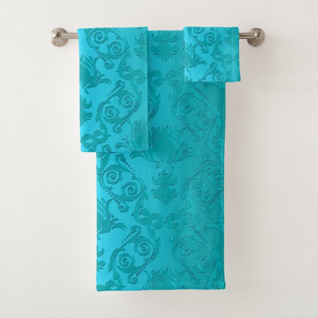 Turquoise Blue Green Floral Damask Towel Set (Insitu)