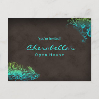 Turquoise Blue Green Floral Postcard Invitation