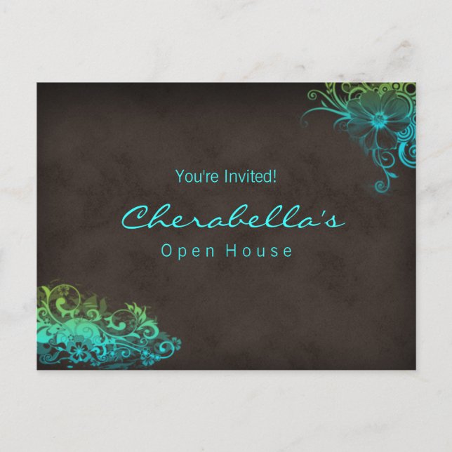 Turquoise Blue Green Floral Postcard Invitation (Front)