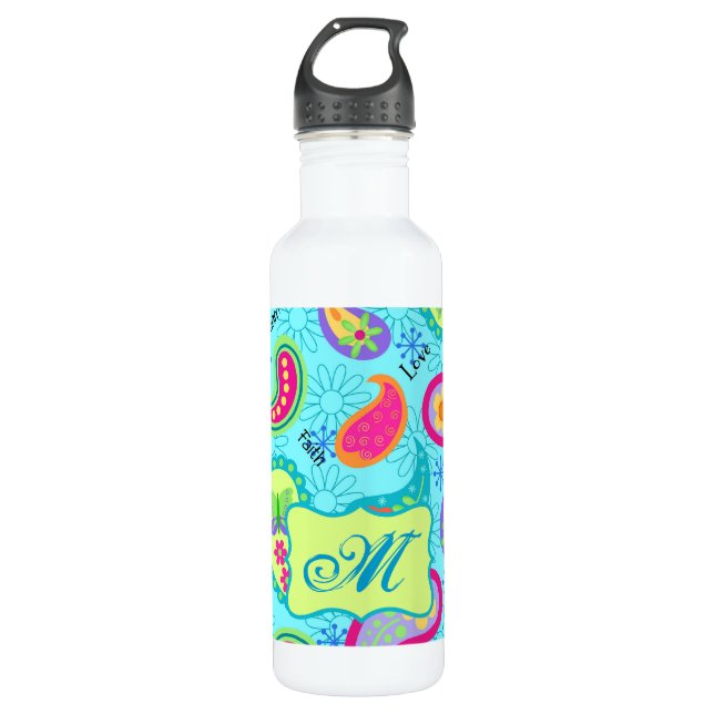 Turquoise Blue Green Modern Paisley Monogram 710 Ml Water Bottle (Front)