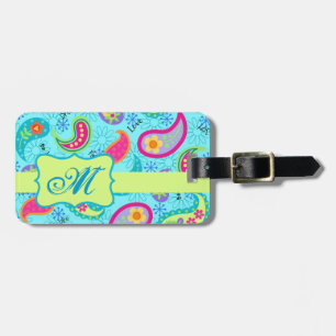 Turquoise Blue Green Modern Paisley Monogram Luggage Tag