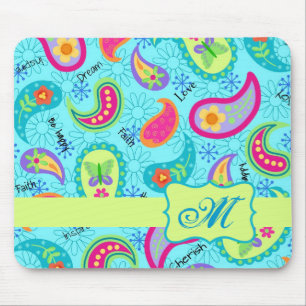 Turquoise Blue Green Modern Paisley Monogram Mouse Pad