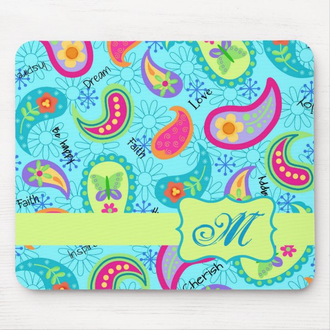 Turquoise Blue Green Modern Paisley Monogram Mouse Pad (Front)