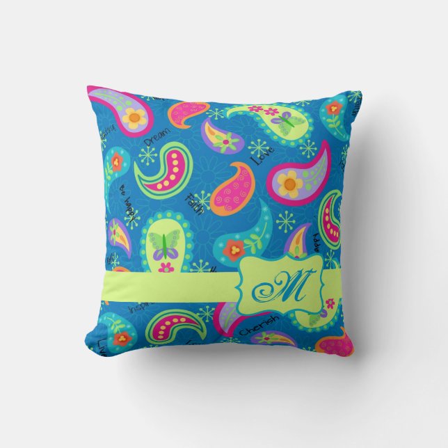 Turquoise Blue Green Modern Paisley Pattern Cushion (Front)